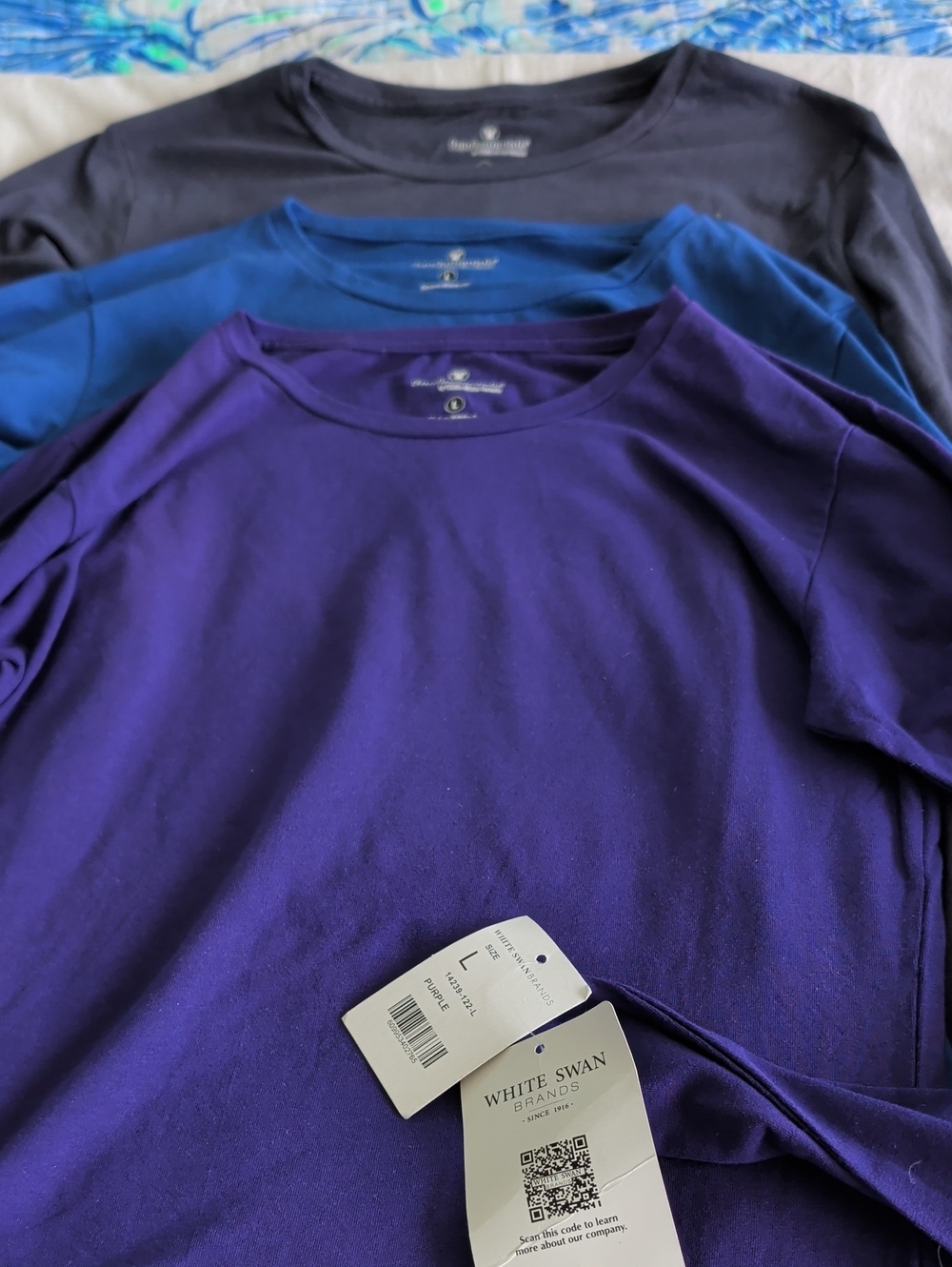 3 NURSING White Swan Women’s Long Sleeve Tops:   Purple, Navy Blue, Royal Blue -